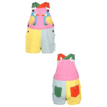 推荐Parrot embroidery color block dungarees with side pocket and red and green pockets on the back商品