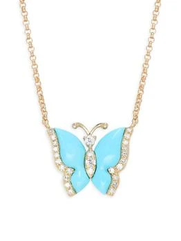 Effy | 14K Yellow Gold, Turquoise & Diamond Butterfly Pendant Necklace,商家Saks OFF 5TH,价格¥7236