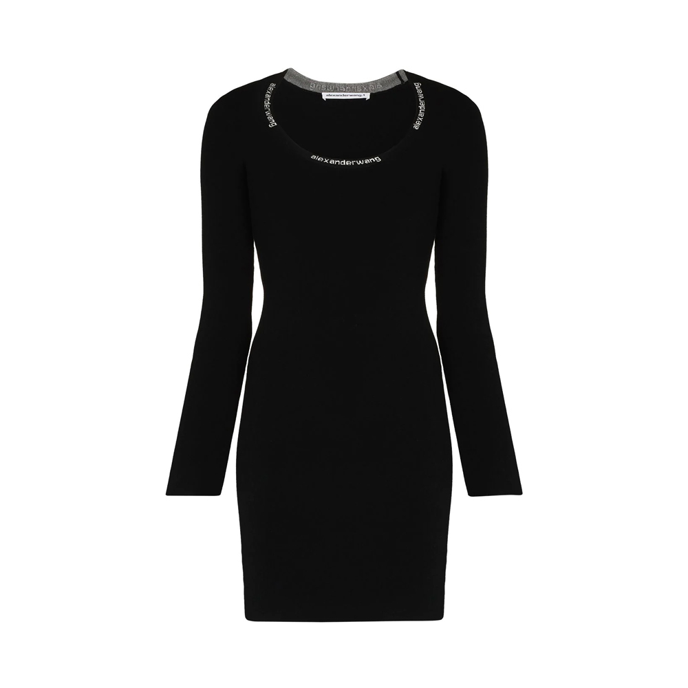 亚历山大王 连衣裙, Alexander Wang | Alexander wang 女士黑色logo饰边紧身迷你连衣裙 4KC4216-032商品图片 独家减免邮费