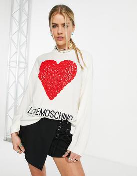 推荐Love Moschino core heart logo jumper in white with red heart商品