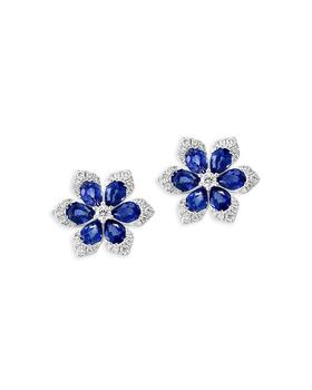 商品Blue Sapphire & Diamond Flower Stud Earrings in 14K White Gold图片