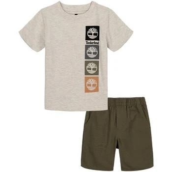 Timberland | Little Boys Heather Short Sleeve Logo T-shirt and Twill Shorts Set, 2 Piece,商家Macy's,价格¥171