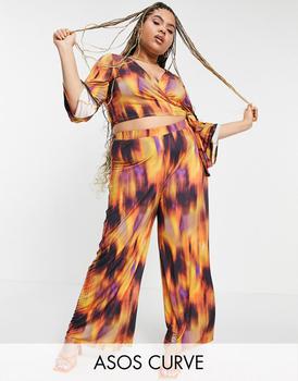 S Rothschild & CO衣服, ASOS | ASOS DESIGN Curve co-ord tie hem wrap top in 70s flame print商品图片 4.5折