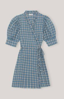 product Seersucker Wrap Mini Dress In Check Azure Blue image