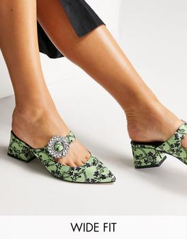ASOS | ASOS DESIGN Wide Fit Willis embellished mid heeled mules In jacquard商品图片,6.5折
