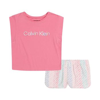 Calvin Klein | Little Girls Cap Sleeves Logo T-shirt and Printed Terry Shorts, 2-Piece Set商品图片,3.9折