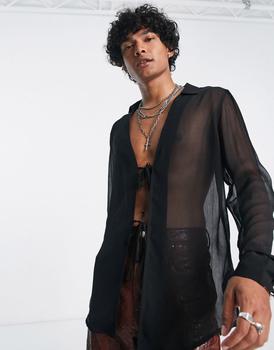 ASOS | ASOS DESIGN longline sheer shirt with tie front fastening in black - BLACK商品图片,8折×额外8折x额外9.5折, 独家减免邮费, 额外八折, 额外九五折