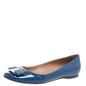 推荐Salvatore Ferragamo Blue Patent Leather Ninna Kangaroo Bow Ballet Flats Size 38.5商品
