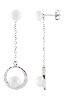 Splendid Pearls | Rhodium Plated Sterling Silver Double 5.5-7mm Cultured Freshwater Pearl & Hoop Drop Earrings商品图片,