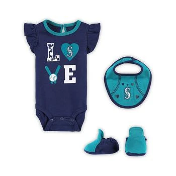 Outerstuff | Newborn and Infant Boys and Girls Navy, Aqua Seattle Mariners Three-Piece Love of Baseball Bib Bodysuit and Booties Set,商家Macy's,价格¥240