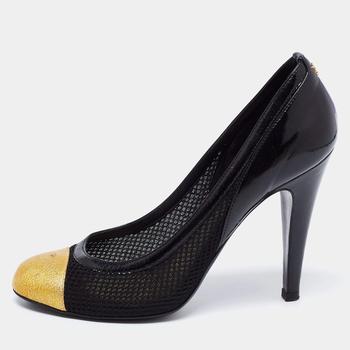 美国香奈儿鞋, [二手商品] Chanel | Chanel Black/Yellow Mesh, Patent and Textured Leather Cap-Toe Pumps Size 39商品图片 7.4折