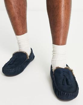 ASOS | ASOS DESIGN moccasin slippers in navy with faux fur lining商品图片,