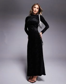 ASOS | ASOS DESIGN long sleeve burnout maxi dress with extreme lace up side in black,商家ASOS,价格¥93