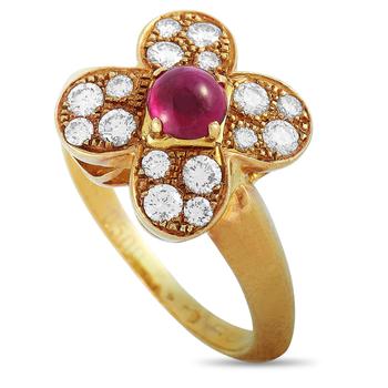 Van Cleef & Arpels, [二手商品] Van Cleef & Arpels | Van Cleef & Arpels Trefle 18K Yellow Gold 0.40 ct Diamond and Cabochon Ruby Ring商品图片 4.7折