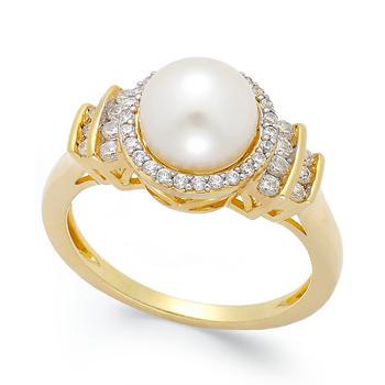 商品Cultured Freshwater Pearl (8mm) and Diamond (1/3 ct. t.w.) Ring in 14k Gold图片
