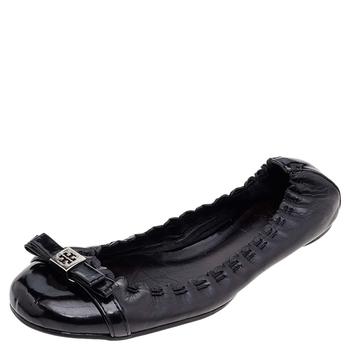 推荐Tory Burch Black Leather And Patent Leather Cap Toe Ballet Flats Size 38商品