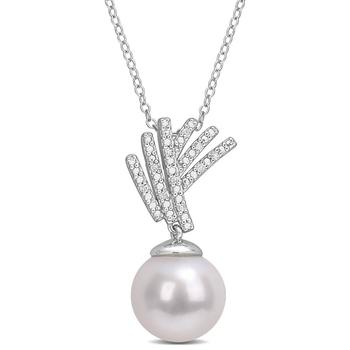 商品Amour | 11-12mm Freshwater Cultured Pearl and Diamond Accent Drop Pendant with Chain In Sterling Silver,商家Jomashop,价格¥562图片