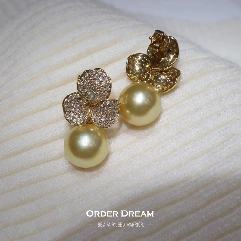 Order Dream | 18k金钻石11-12mm正圆无暇强光南洋金珠耳环商品图片,包邮包税