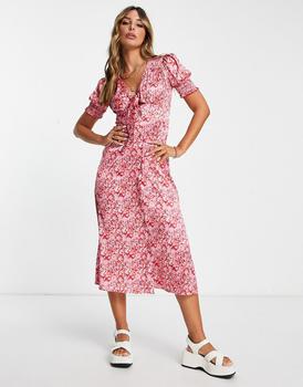 River Island | River Island ditsy floral tie front midi dress in red商品图片,