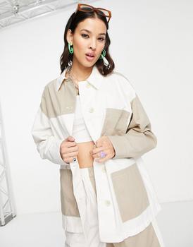 推荐Topshop colour block cotton shacket in white and beige商品