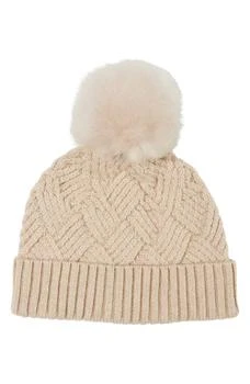 推荐Cashmere Basketweave Rib Knit Beanie with Genuine Shearling Pom商品