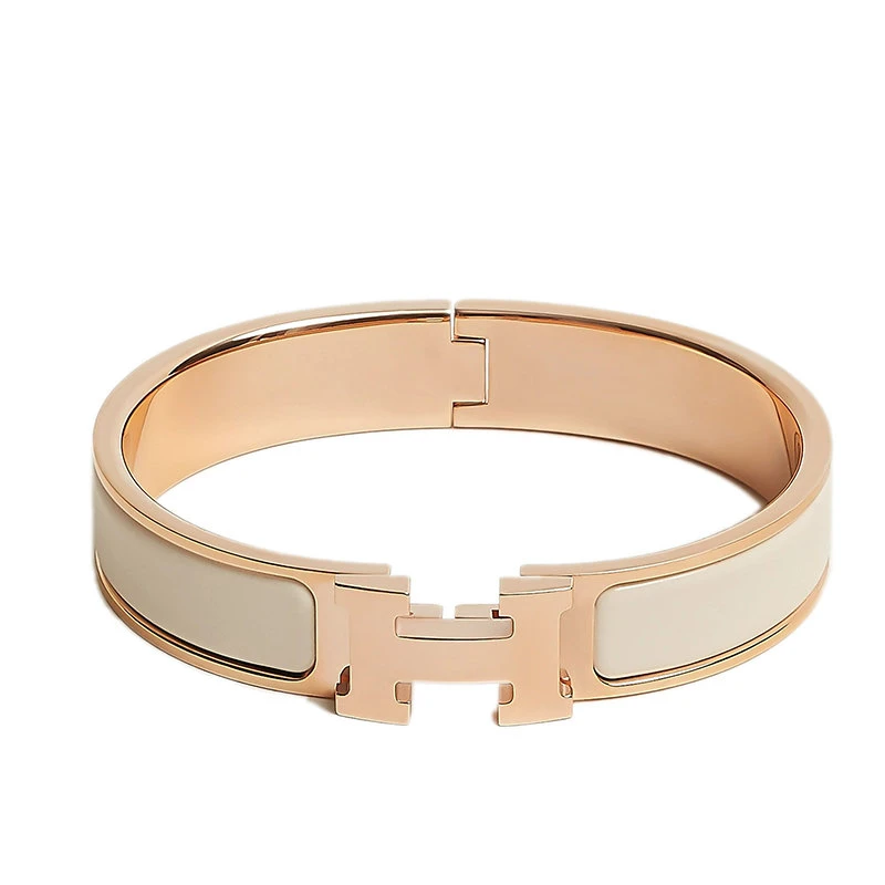 Hermes品牌, 商品【预售3-7天】HERMES/爱马仕 经典款Clic H系列 奶油色珐琅镀玫瑰金饰面H标识手镯 H700001FO85, 价格¥5213