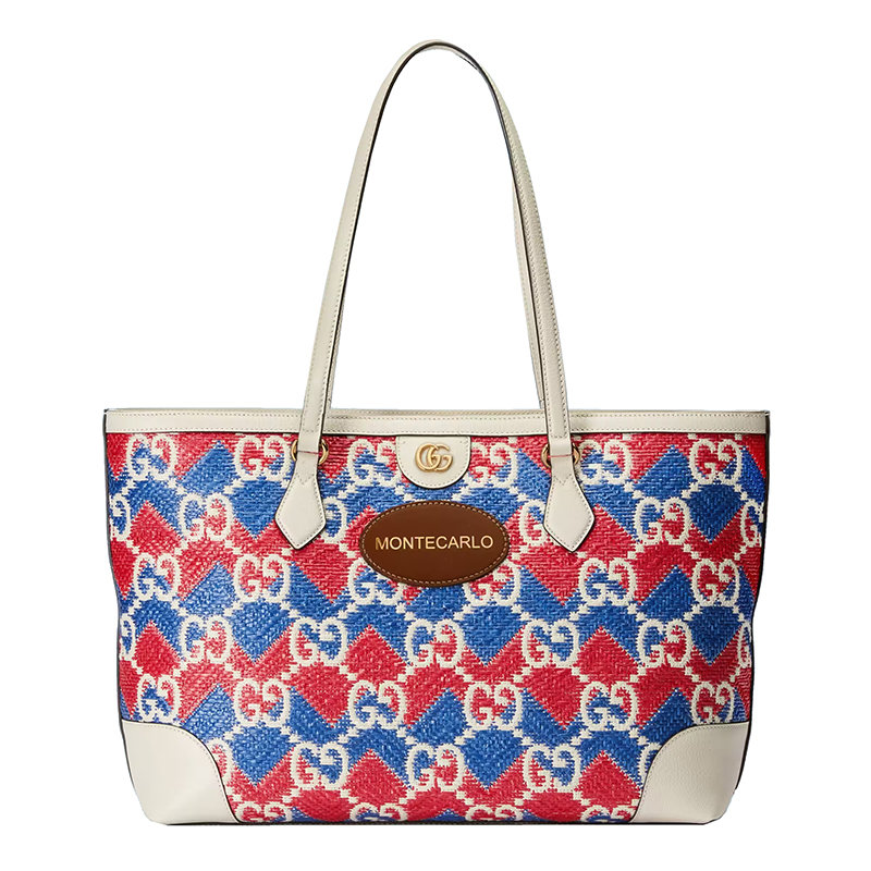 古驰托特包, Gucci | 【包税】GUCCI/古驰 22新款 女士蓝色/红色稻草效果面料配皮革GG老花“Montecarlo”字样刺绣手提包托特包631685UYFCG6288商品图片 7.9折, 包邮包税