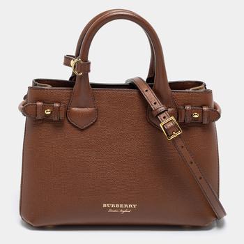 小棕瓶, [二手商品] Burberry | Burberry Brown Leather and House Check Fabric Small Banner Tote商品图片 6.6折