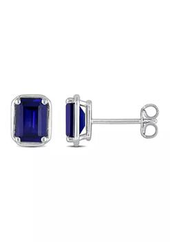 商品Lab Created 3.18 ct. t.g.w. Created Sapphire Bezel Style Emerald Cut Stud Earrings in Sterling Silver图片