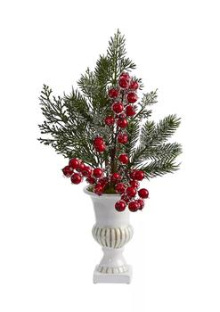 NEARLY NATURAL, NEARLY NATURAL | 19 Inch Iced Pine and Berries Artificial Arrangement in White Urn商品图片 