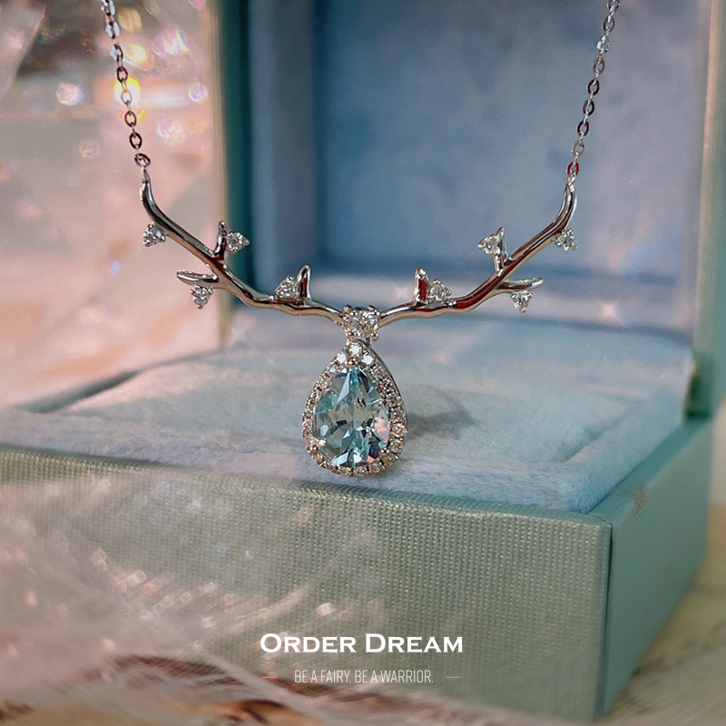 Order Dream | 18K钻石水滴海蓝宝鹿角项链商品图片,包邮包税