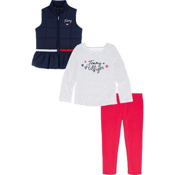 Tommy Hilfiger | Baby Girls Quilted Signature Vest, T-shirt and Leggings, 3 Piece Set商品图片,额外7折, 额外七折