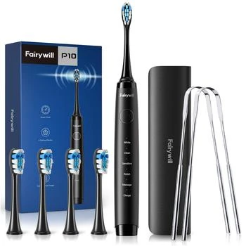 Electric Toothbrush for Adults, Fairywill PRO P10 Quieter Ultrasonic Whitening Toothbrush, USB Rechargeable with 5 Modes, Smart Timer, IPX7 waterproof, 4 Brush Heads & 2 Tongue scraper & 1 Travel Case