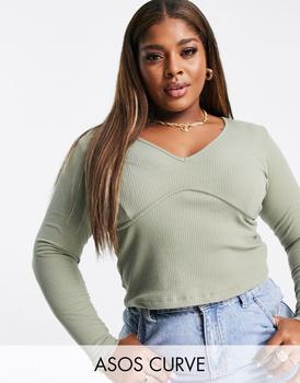 asos包, ASOS | ASOS DESIGN Curve top with plunge neck and bust seam in rib in olive商品图片 5.5折