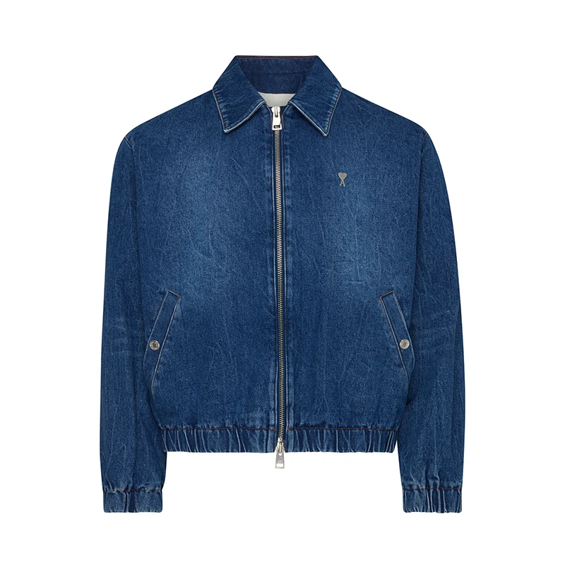 AMI PARIS 男士蓝色棉质带兜徽标休闲衬衫式短款牛仔夹克,价格$534.47