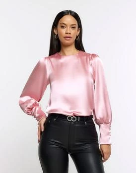 River Island | River Island Satin long sleeve blouse in pink - medium 