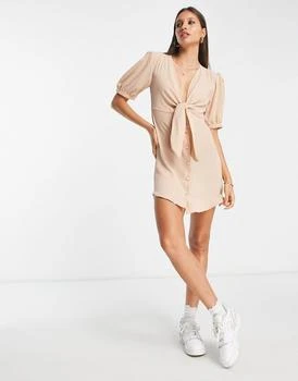 ASOS | ASOS DESIGN tie front button through mini dress in stone,商家ASOS,价格¥61