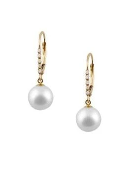 推荐14K Yellow Gold, 8-8.5MM White Cultured Pearl & Diamond Earrings商品
