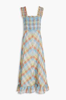 ganni裙, Ganni | Shirred checked cotton-blend seersucker maxi dress商品图片 4.4折