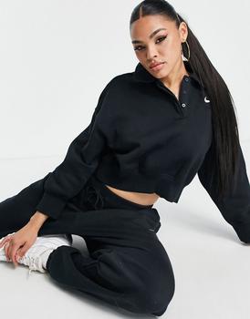 NIKE | Nike mini swoosh cropped polo sweatshirt in black and sail商品图片,5.5折