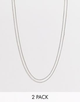 推荐ASOS DESIGN 2 pack slim box chain necklace in silver tone商品