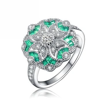 Genevive | GENEVIVE Sterling Silver Emerald Cubic Zirconia Floral Cocktail Ring,商家Premium Outlets,价格¥497