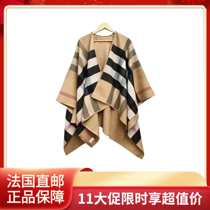 Burberry | 【现货速发】BURBERRY/博柏利 经典款 女士驼色美利奴羊毛格纹斗篷披肩40294061,商家VPF,价格¥2929
