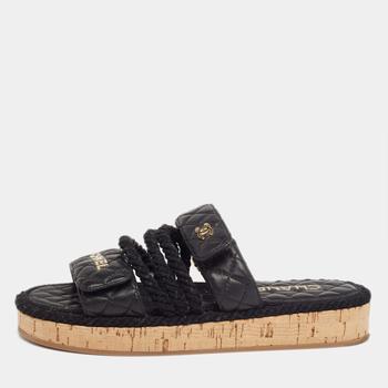 美国香奈儿鞋, [二手商品] Chanel | Chanel Black Leather Quilted Rope CC Flat Sandals Size 38商品图片 7.8折, 满1件减$100, 满减