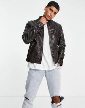 asos design, ASOS | ASOS DESIGN real leather racer jacket in brown商品图片 