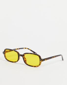 ASOS | ASOS DESIGN retro rectangle sunglasses with yellow lens in brown tortoiseshell - BROWN商品图片,4.5折