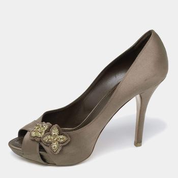 lv鞋真假, [二手商品] Louis Vuitton | Louis Vuitton Dark Olive Green Satin Athen Open-Toe Pumps Size 38商品图片 8.7折, 满1件减$100, 满减