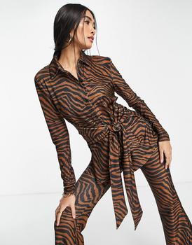 推荐River Island glitter animal print belted shirt co-ord in brown商品