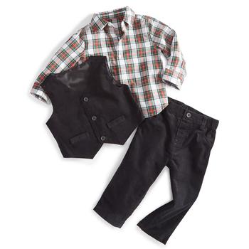 First Impressions | Baby Boys 3-Pc. Plaid Shirt, Vest & Corduroy Pants, Created for Macy's商品图片,