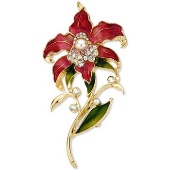 商品Gold-Tone Crystal & Imitation Pearl Flower Pin, Created for Macy's图片